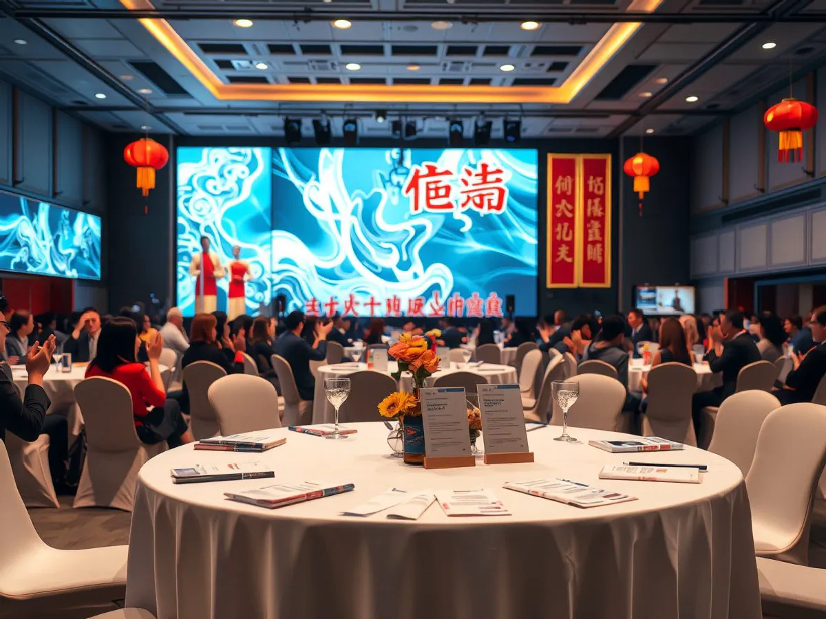 科技公司年会现场，舞台融合科技光影与传统文化装饰，员工鼓掌互动
