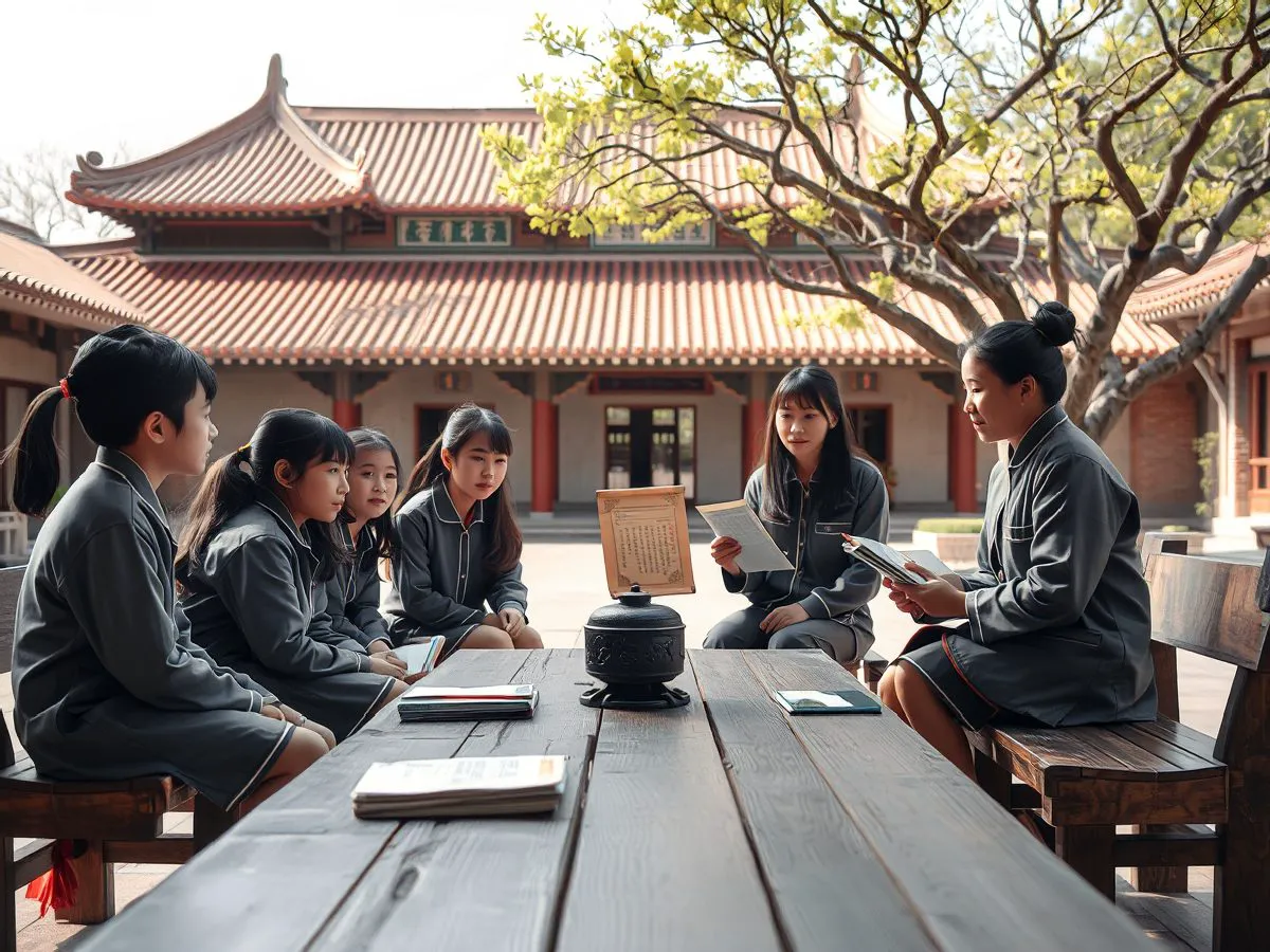 学生在传统庭院中参加国学讲堂，聆听老师讲解
